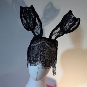 Black Lace Bunny Ear Headband With Veil